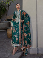 3PC UNSTITCHED EMBROIDERED GREEN SUIT