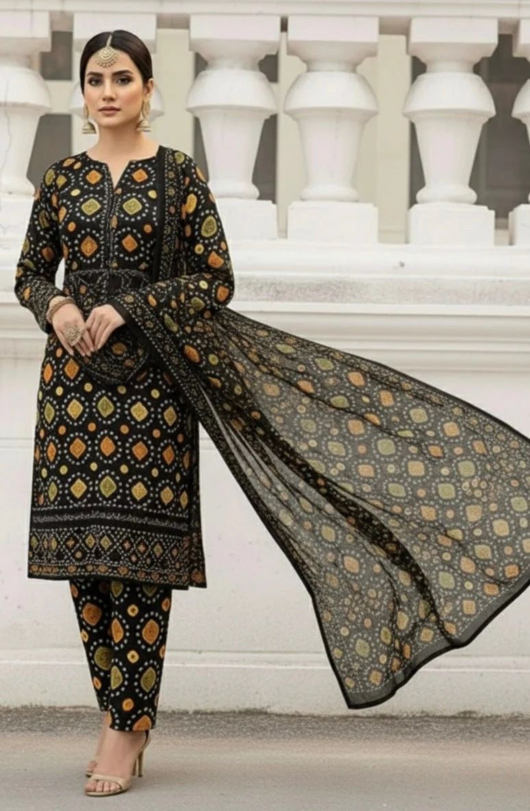 3PC UNSTITCHED EMBROIDERED BLACK SUIT