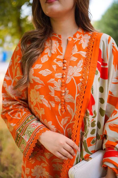 3PC UNSTITCHED EMBROIDERED ORANGE SUIT