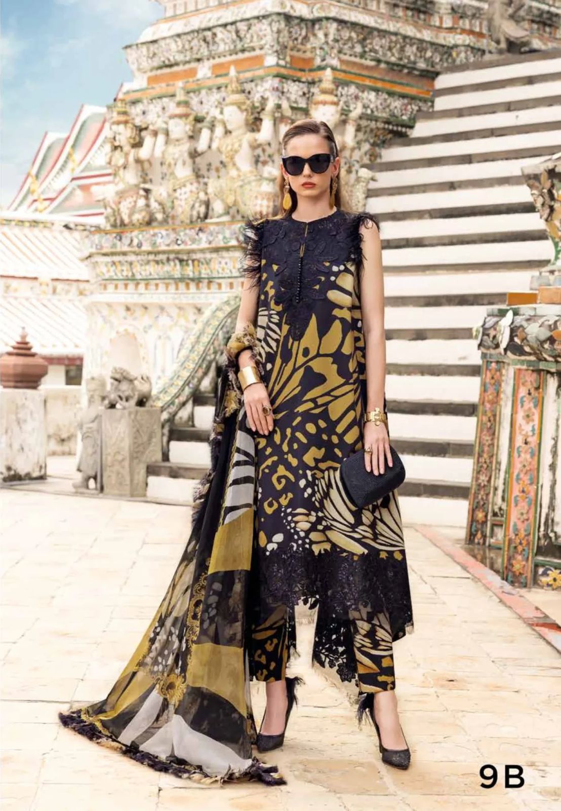 3PC UNSTITCHED EMBROIDERED BLACK SUIT