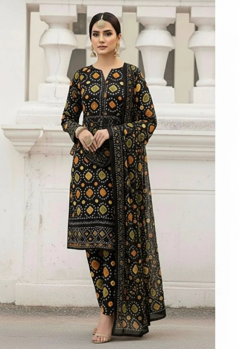3PC UNSTITCHED EMBROIDERED BLACK SUIT