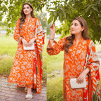 3PC UNSTITCHED EMBROIDERED ORANGE SUIT