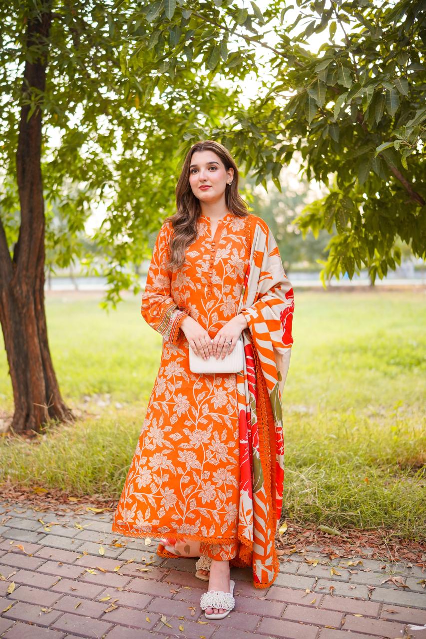 3PC UNSTITCHED EMBROIDERED ORANGE SUIT